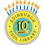 Edinburgh Tool Library Logo with 10 candles to mark the celebration of 10 years of sharing