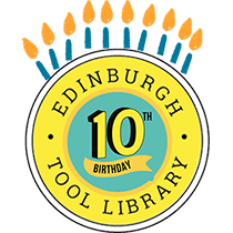 Edinburgh Tool Library Logo with 10 candles to mark the celebration of 10 years of sharing