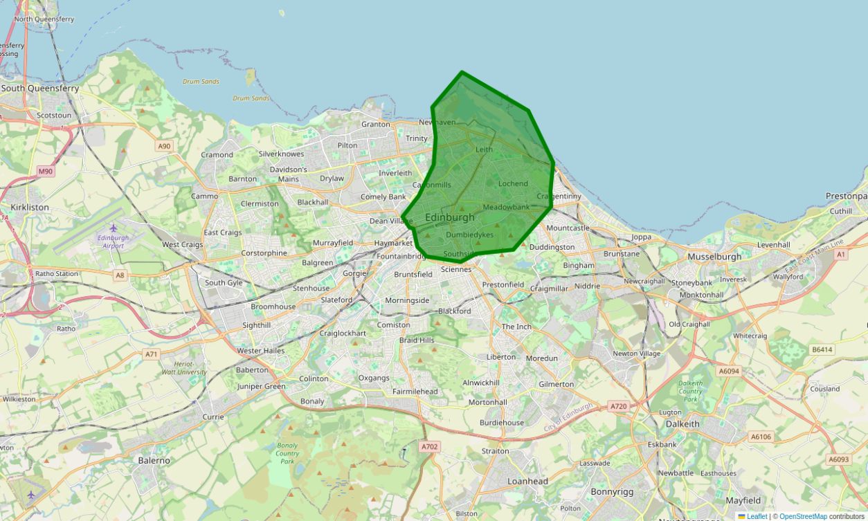 A map of Edinburgh showing an outline of the CADi delivery area.